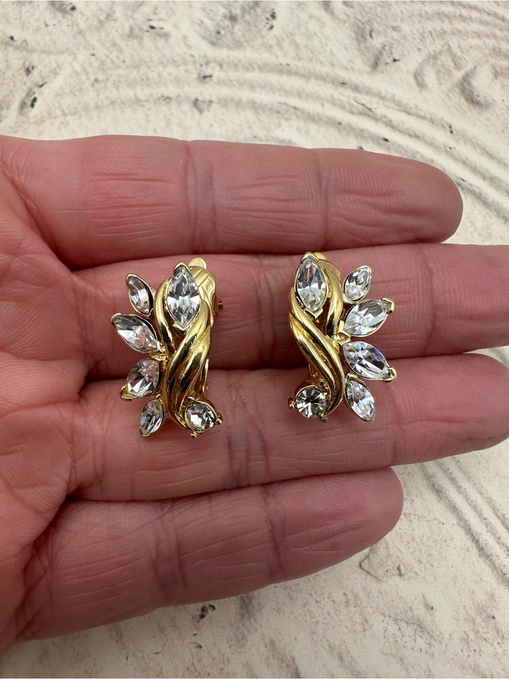 Trifari Rhinestone Marquise Round Gold Tone Clip Earrings Signed Floral Leaf Vtg